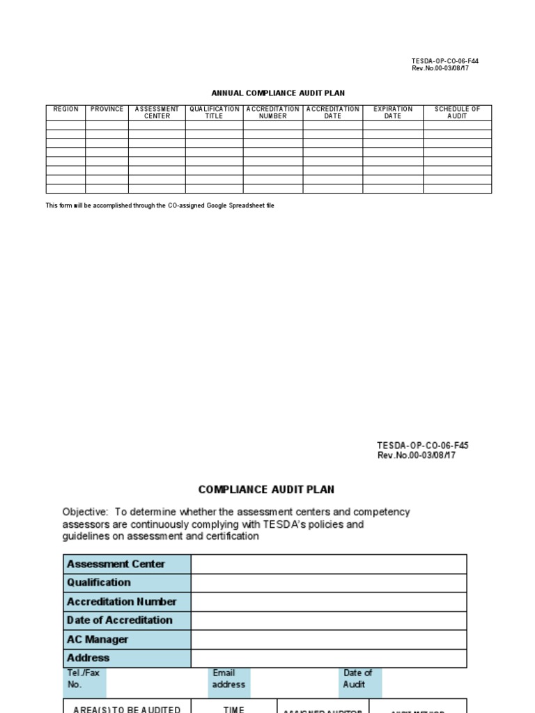 TESDA Annual Compliance Audit Plan | PDF | Audit | Accounting And Audit
