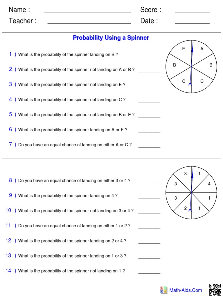Calculating Probabilities Using Spinners A Worksheet with Answers