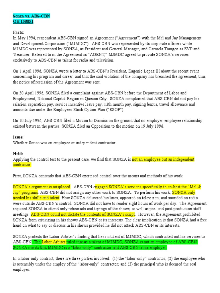 Labor Case Digest | PDF | Independent Contractor | Employment