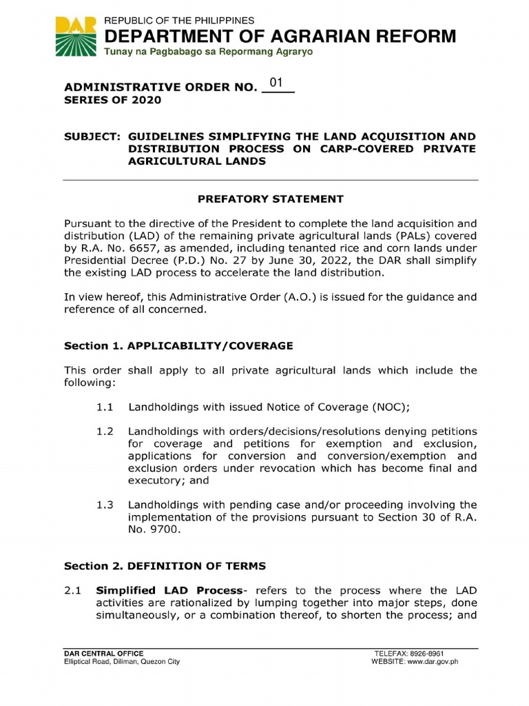 AO 1 GUIDELINES SIMPLIFYING THE LAND ACQUISITION AND DISTRIBUTION PROCESS ON CARPCOVERED