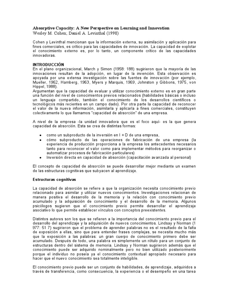 Cohen y Levinthal 1990 Resumen PDF Investigación y desarrollo