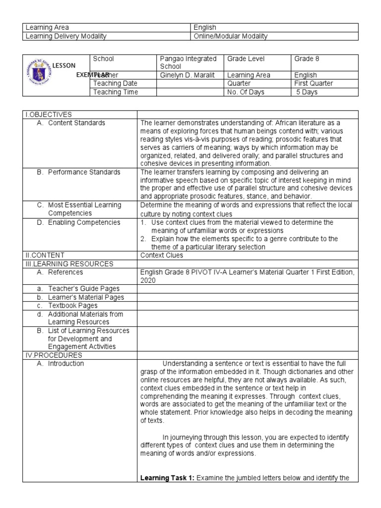 Lesson Exemplar: Learning Task 1: Examine The Jumbled Letters Below and ...
