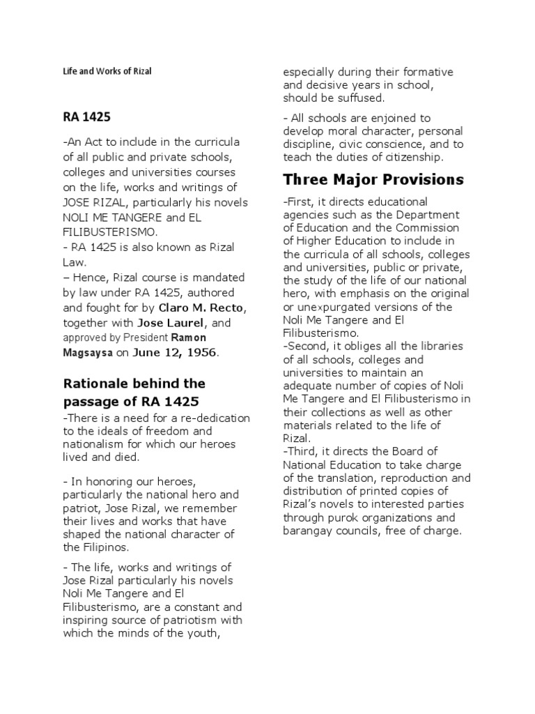 Rationale Behind The Passage of RA 1425: Life and Works of Rizal | PDF ...