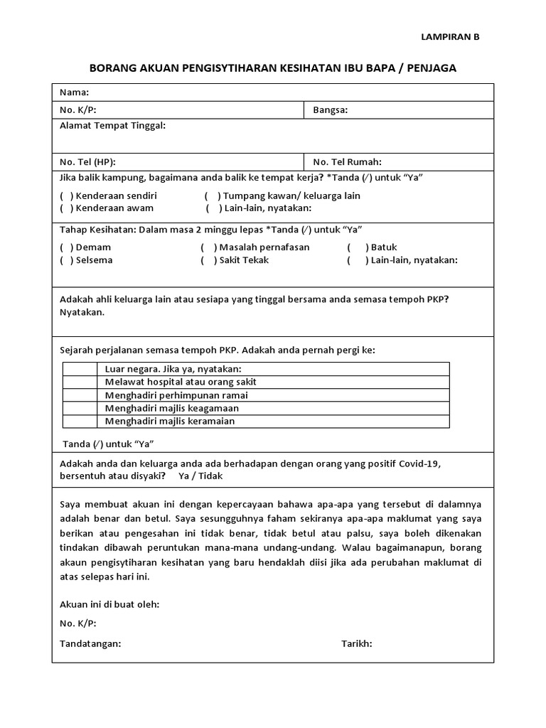 B Akuan Kesihatan Ibubapa Penjaga Pdf