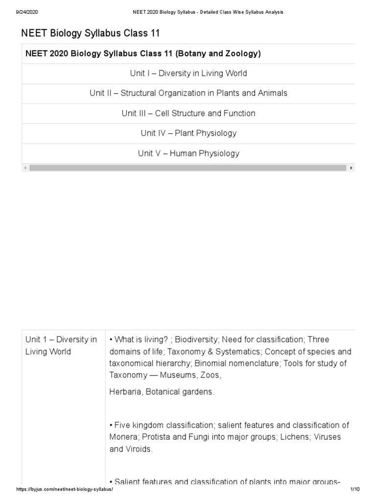 NEET 2020 Class 11 Biology Syllabus | PDF | Gene | Cell (Biology)
