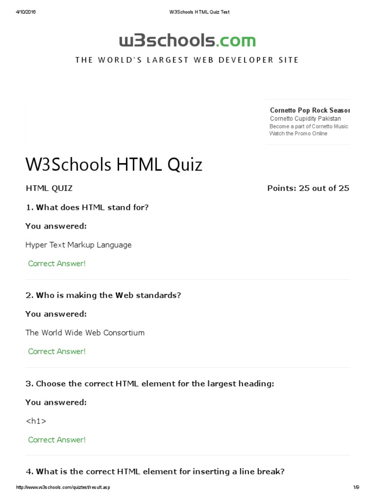 W3Schools HTML Quiz Test PDF | PDF | Html | Html Element