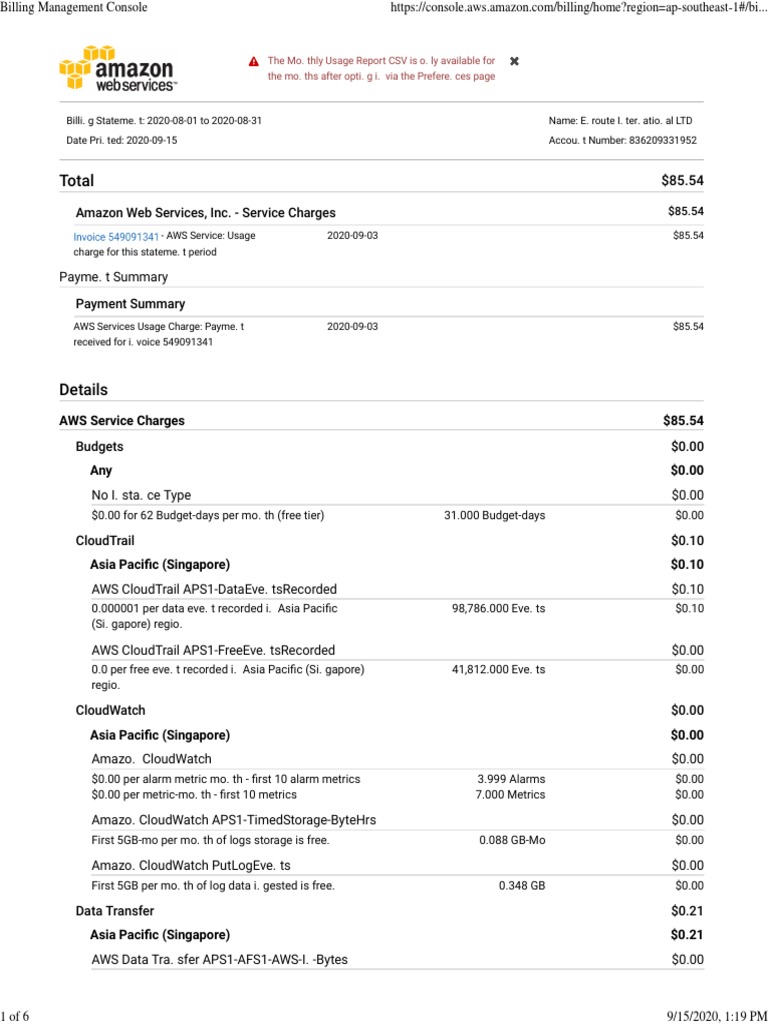 AWS Billing Statement Summary 2020-08 | PDF | Amazon Web Services ...