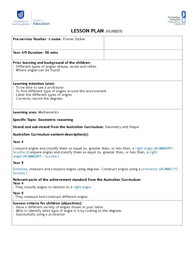 Year 4/5 Geometry Lesson Plan: Angles | PDF | Angle | Curriculum
