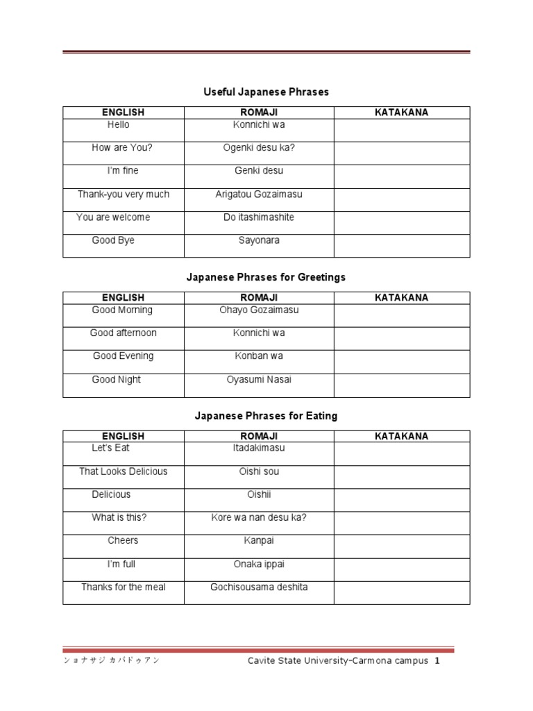 Useful Japanese Phrases: English Romaji Katakana | PDF | Shintoism