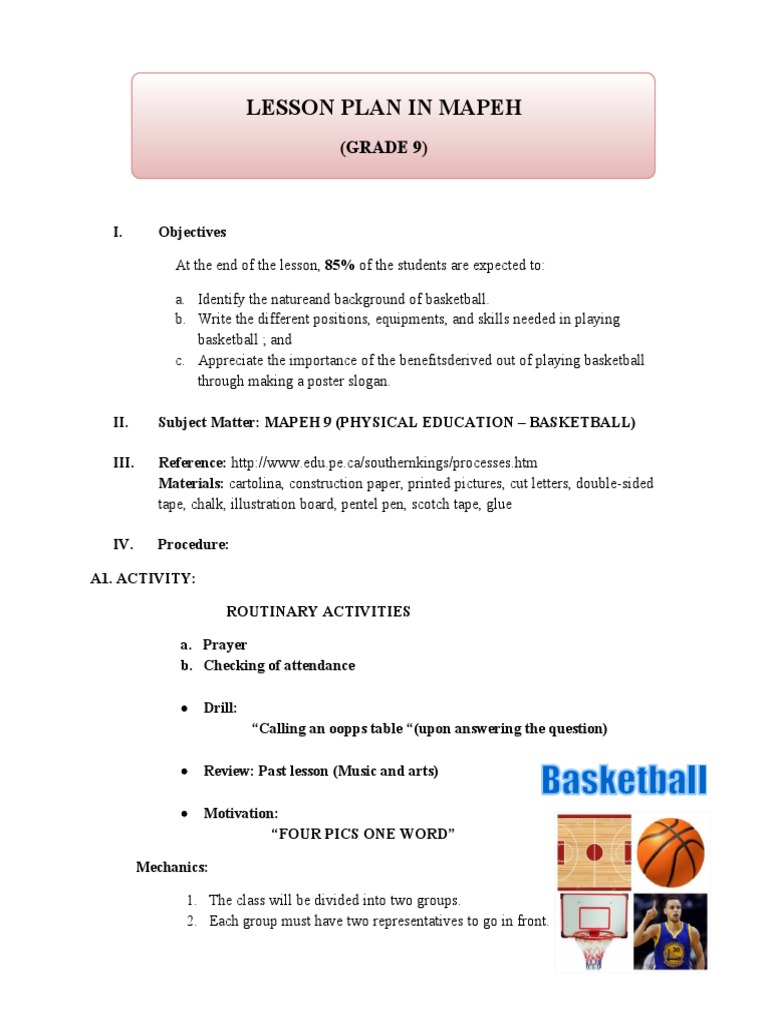 Grade 9 MAPEH Basketball Lesson Plan | PDF | Basketball Positions ...