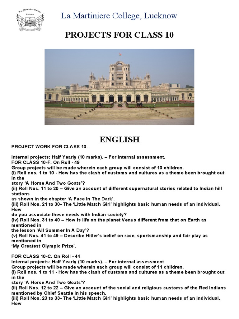 La Martiniere College, Lucknow Project Assignments for Class 10 English