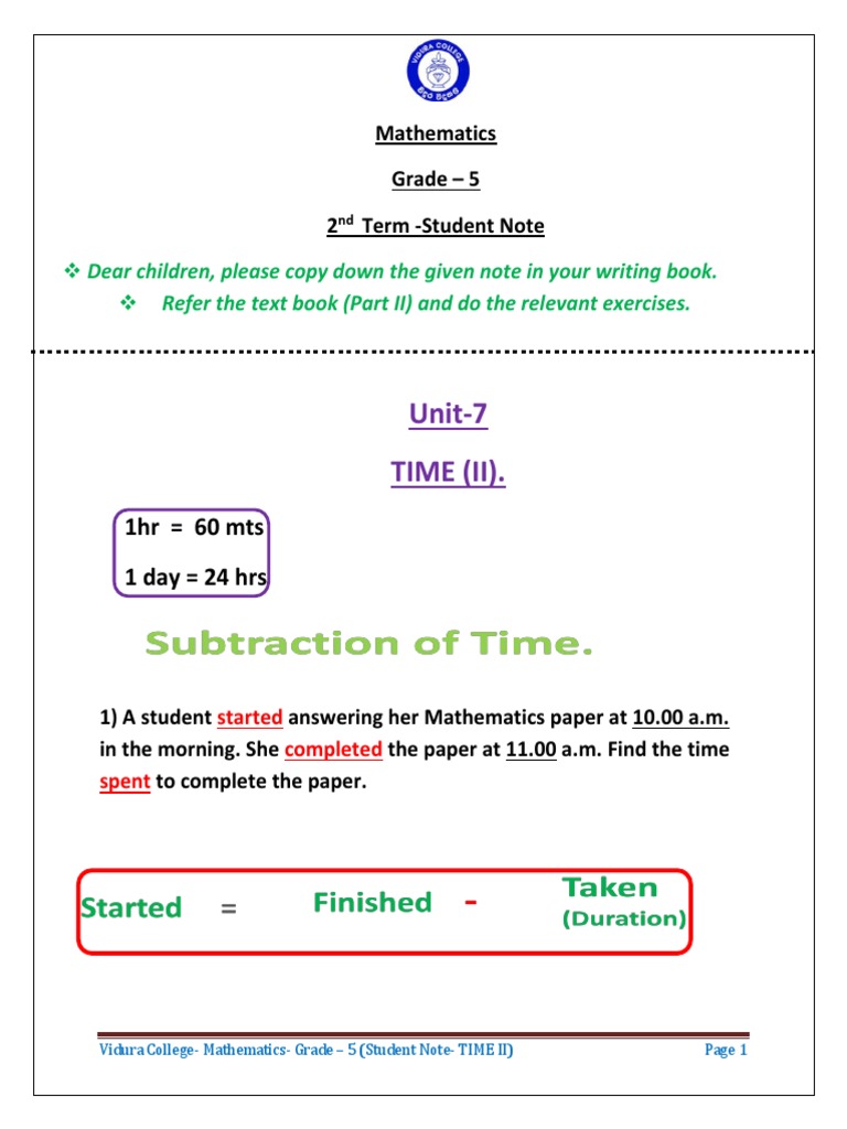 GR 5 - MATHEMATICS - Student Note 6 - Time | PDF