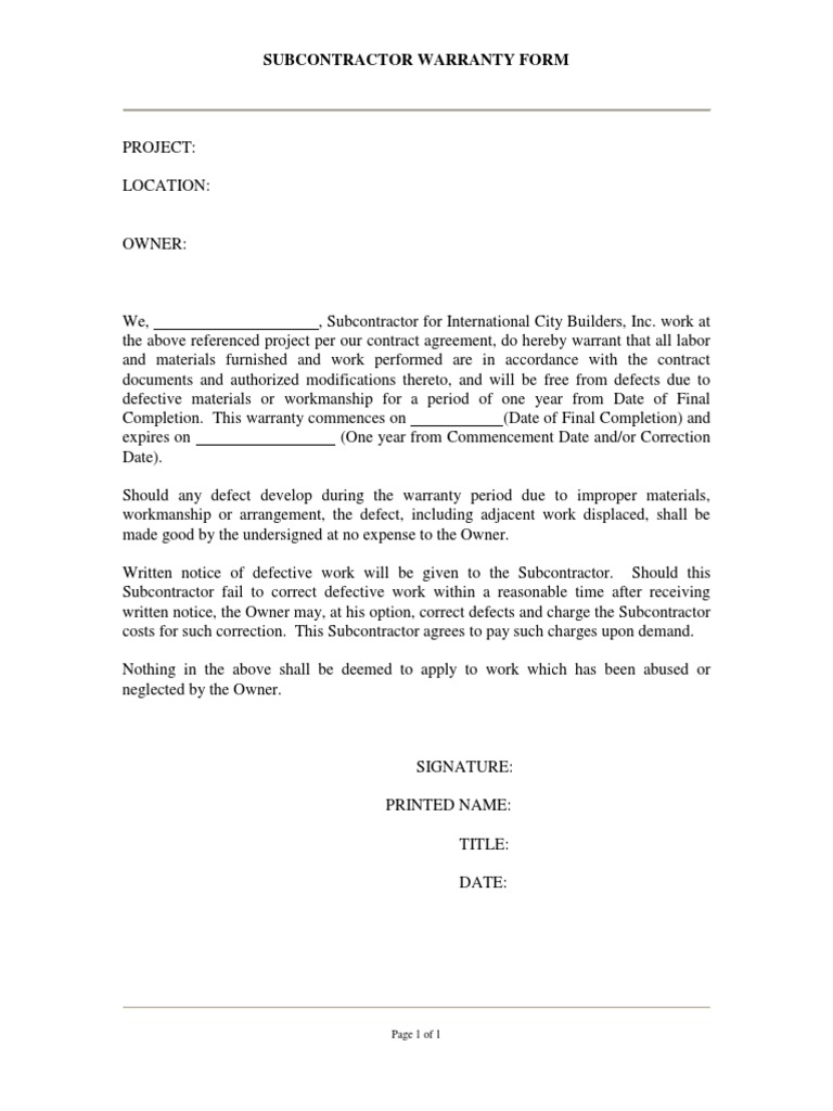 Subcontractor Warranty Form | PDF