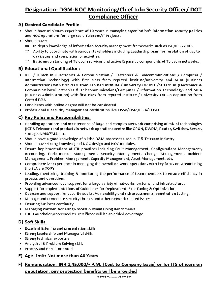 Job Description DGM NOC MonitoringChief Info Security Officer DOT