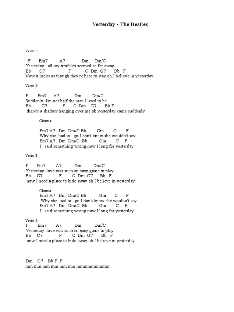 Yesterday Lyrics - The Beatles | PDF