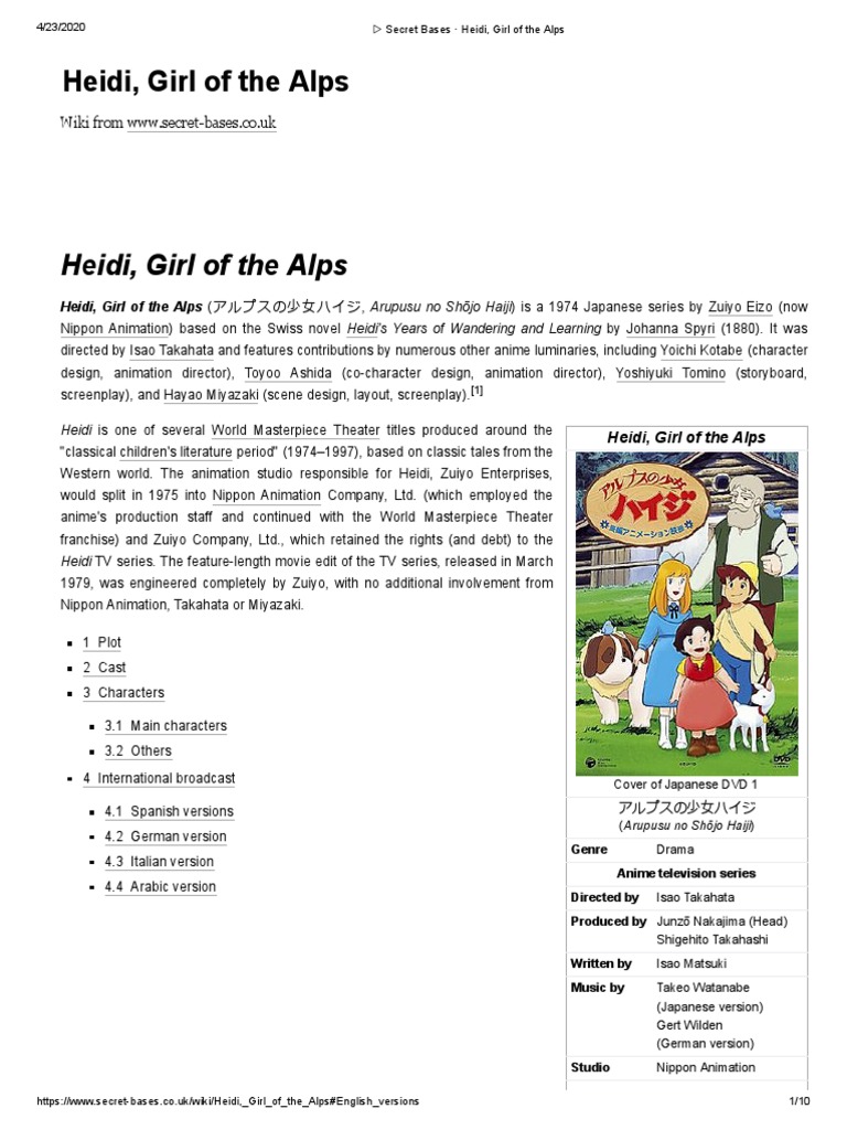 Secret Bases Heidi Girl Of The Alps Pdf Animation Anime