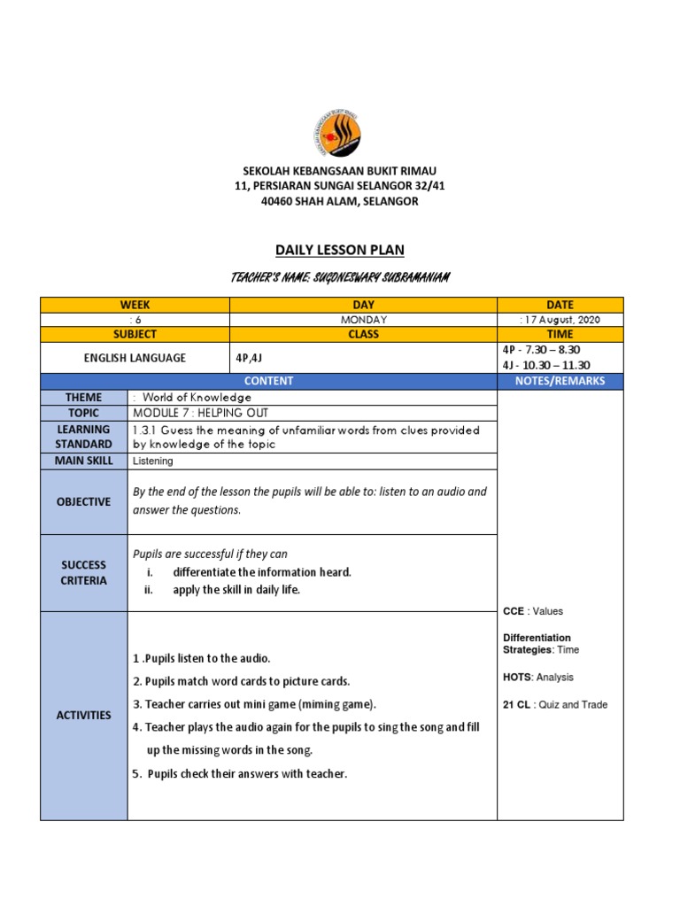 LESSON PLAN BI and PK WEEK 6 AND 7 | PDF | Lesson Plan | Question