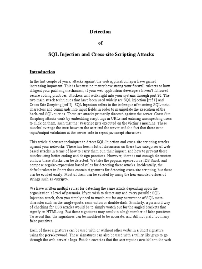 Detection of SQL Injection and Cross-Site Scripting Attacks | PDF ...
