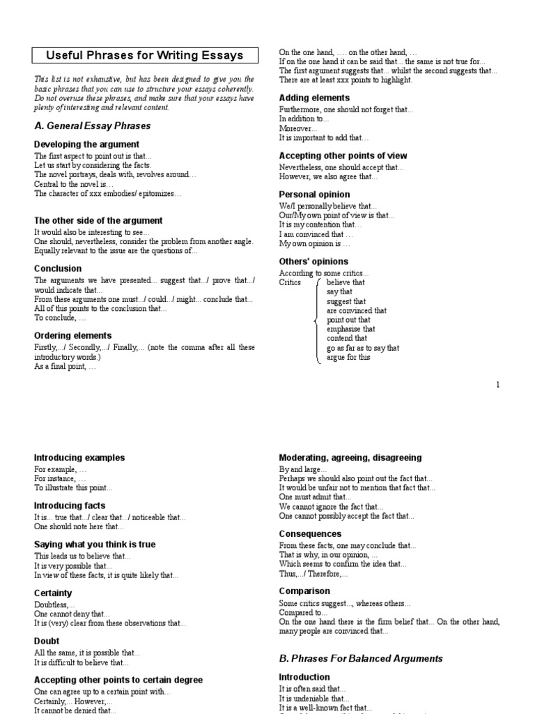 Essential Phrases for Essay Writing | PDF | Verb | Sentence (Linguistics)