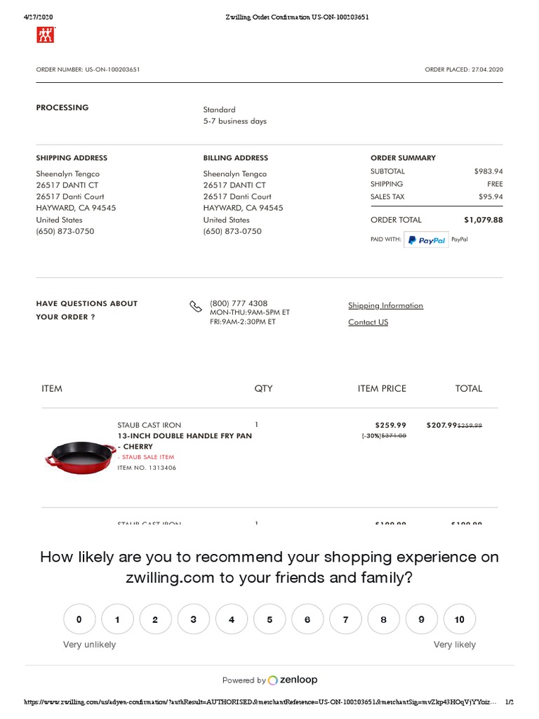 Zwilling Order Confirmation USON100203651 PDF Cooking Equipment
