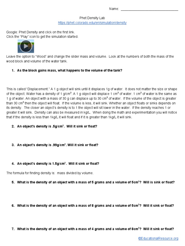 Phet Density Mass and Volume Lab PDF Buoyancy Density