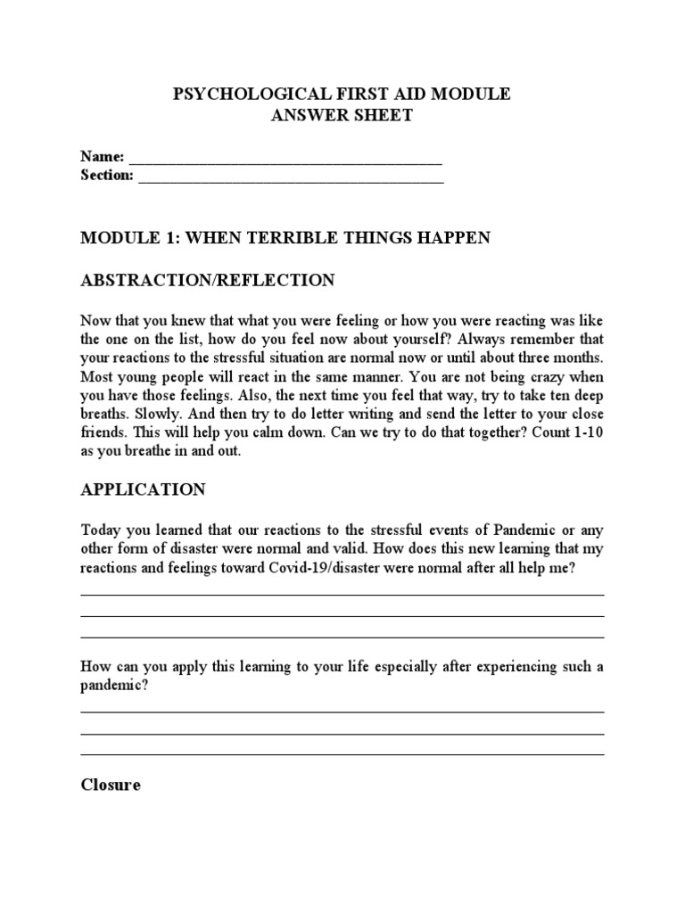 Psychological First Aid Module Answer Sheet | PDF | Feeling | Psychology