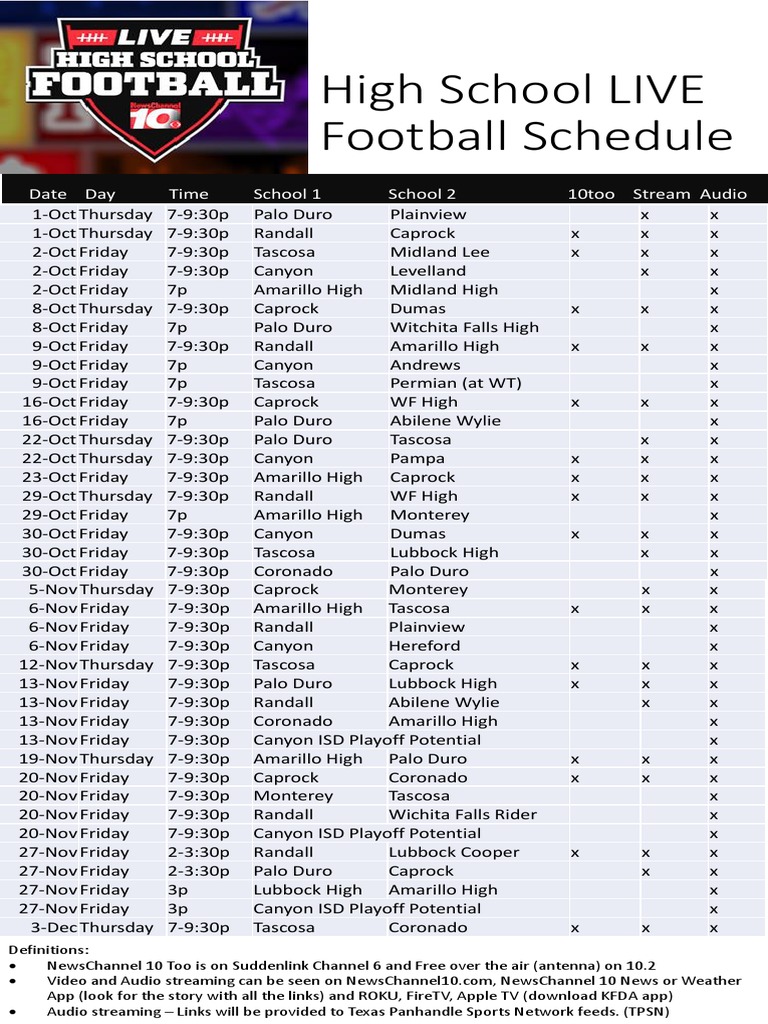 High School Football Schedule Oct 1 Dec 4 PDF Media Industry