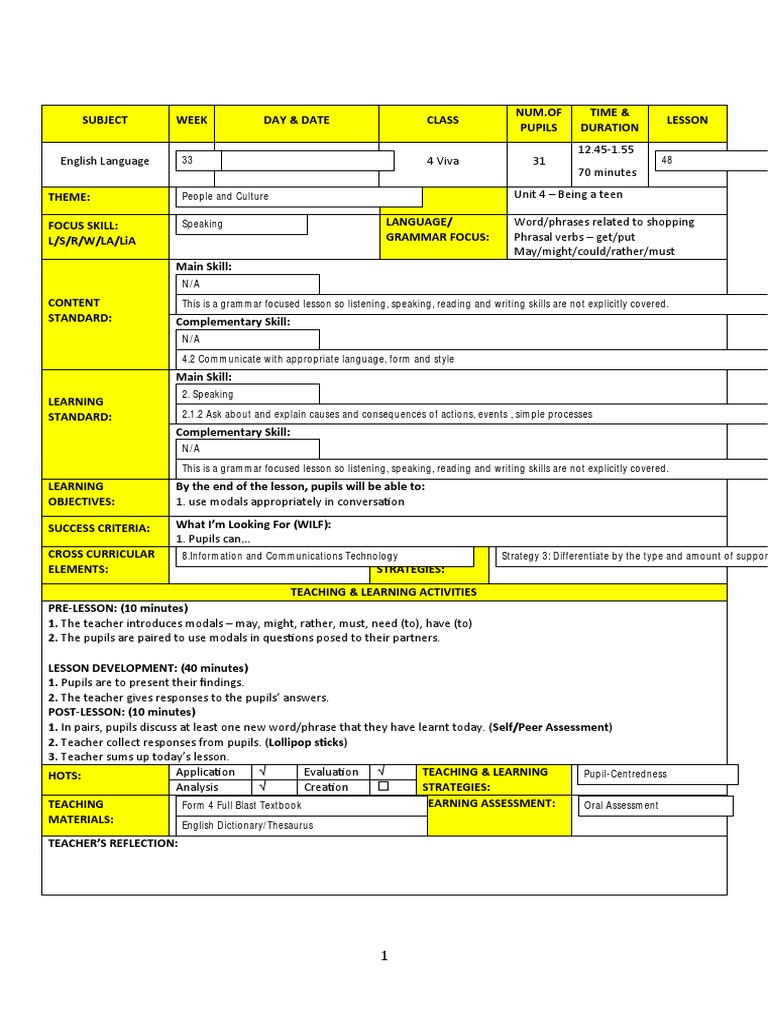 Form 4 Cefr Sample Lesson Plan Template | PDF | English Language | Phrase