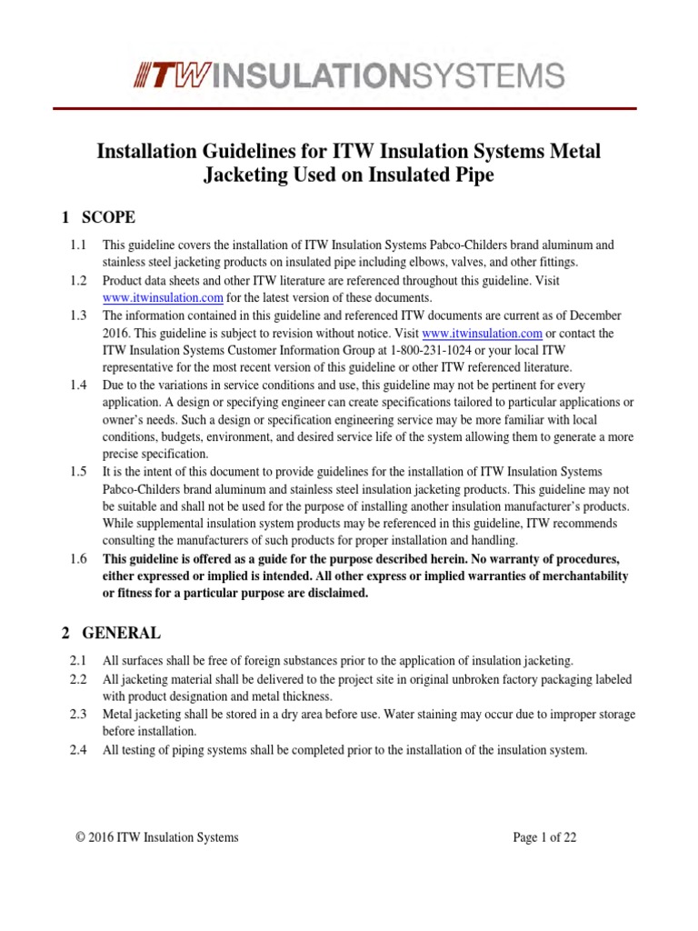 Installation Guidelines For ITW Insulation Systems Metal Jacketing Used