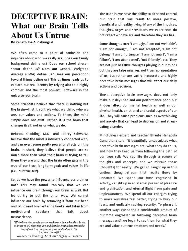 Deceptive Brain What Our Brain Tells About Us Untrue by Joe A