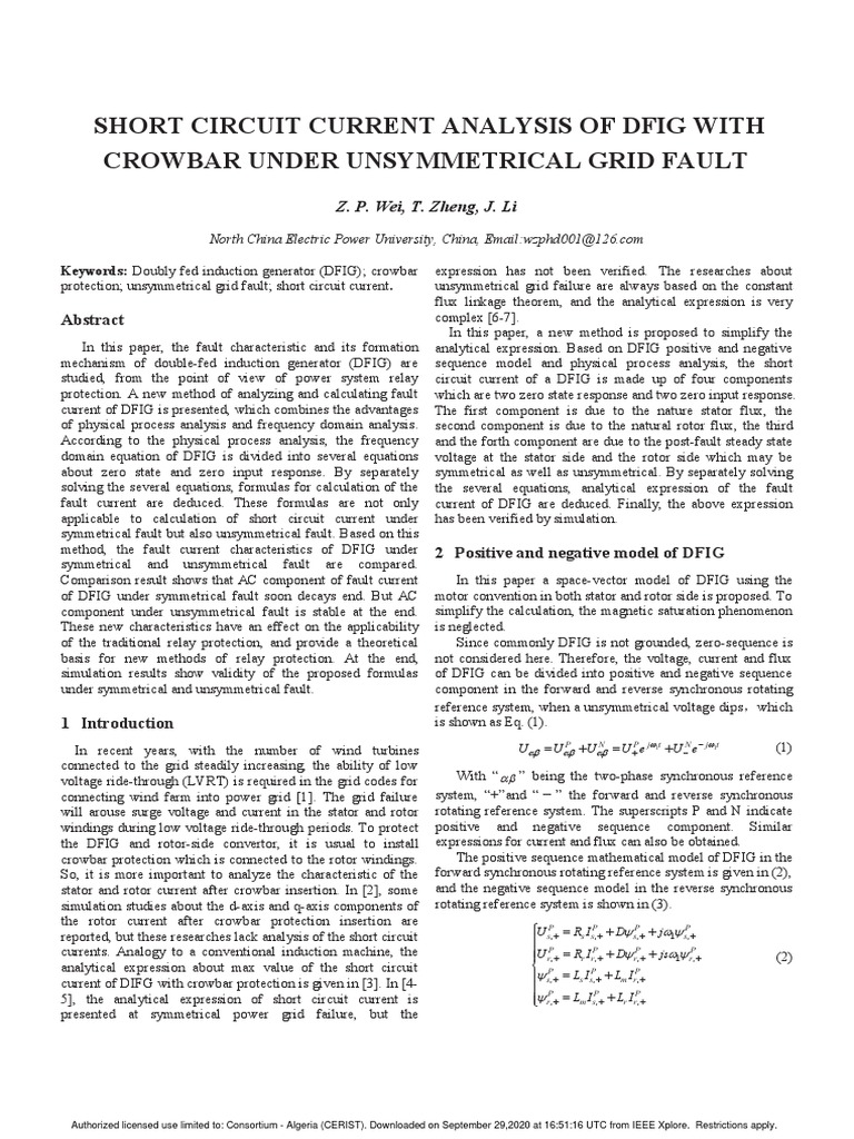 Short Circuit Current Analysis of Dfig With Crowbar Under Unsymmetrical