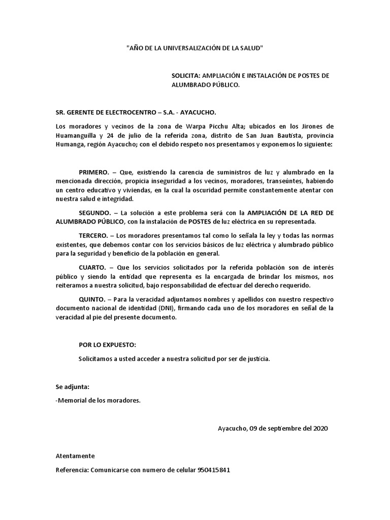 Memorial Para Ampliacion De Alumbrado Electrico