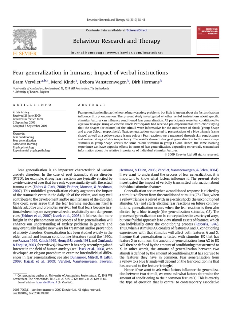 Fear Generalization in Humans-Impact of Verbal Instructions | PDF ...