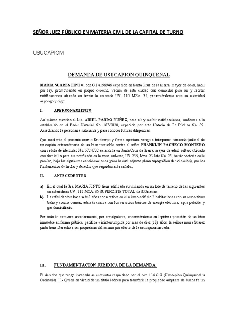 Demanda Quinquenal Usucapion | PDF | Posesión (Ley) | Propiedad