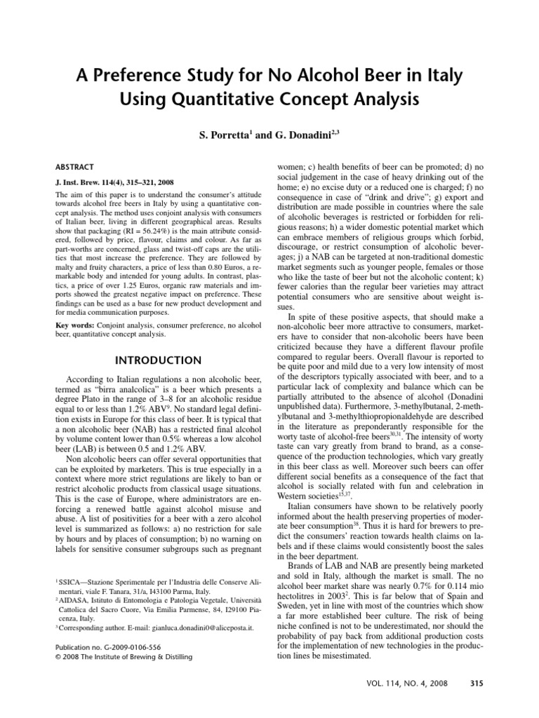 A Preference Study For No Alcohol Beer in Italy Using Quantitative