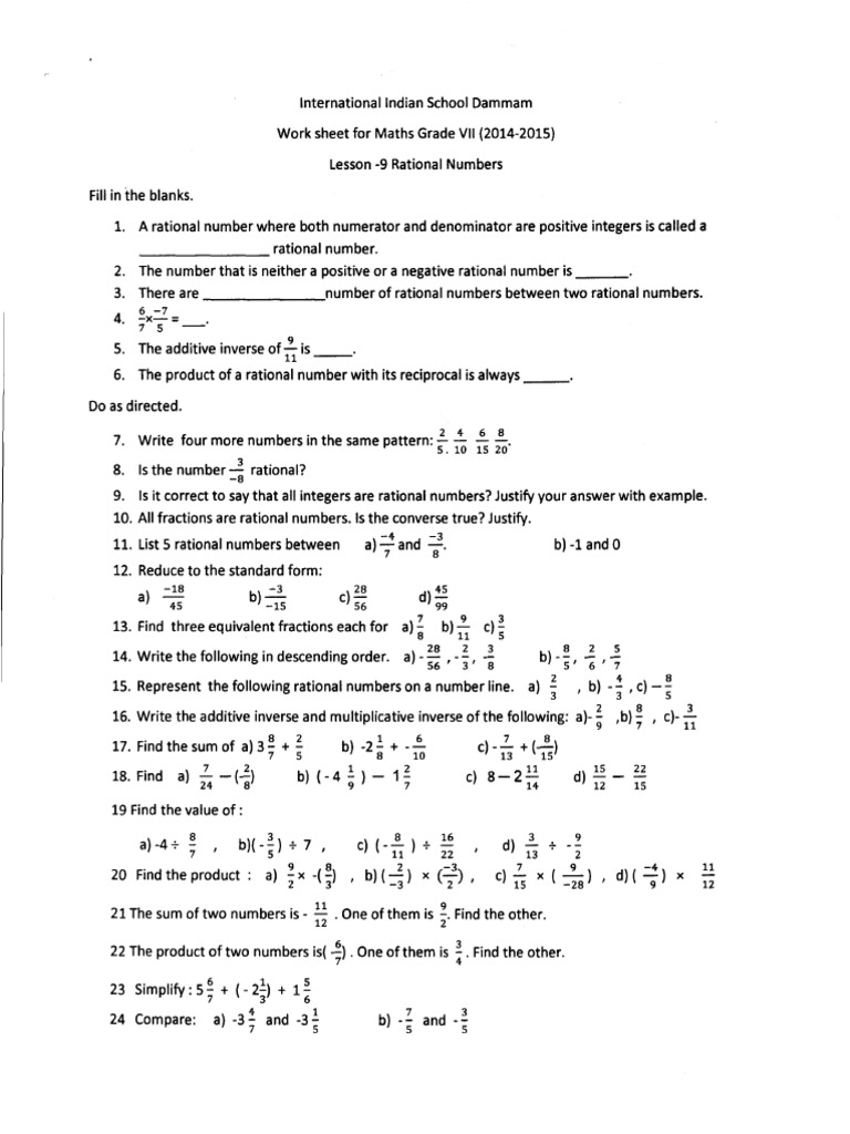 cbse class 7 maths worksheet rational numbers pdf