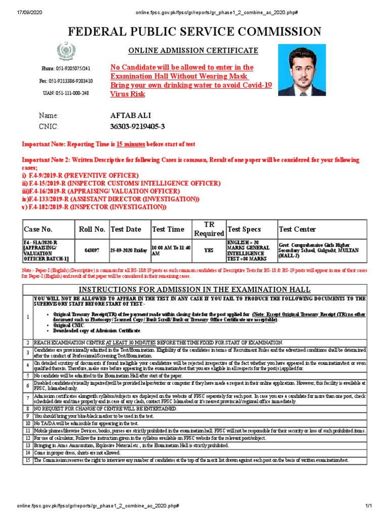 FPSC Admission Certificate Guidelines | PDF | Test (Assessment ...