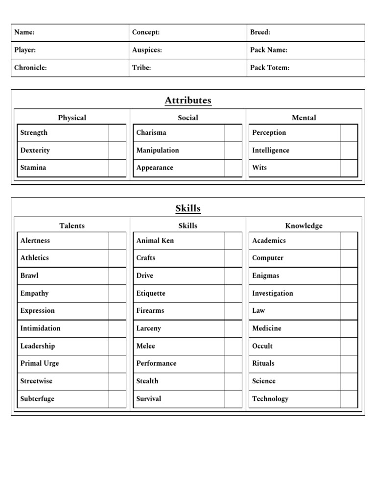 Werewolf The Apocalypse 20th Anniversary Character Sheet | PDF | Leisure