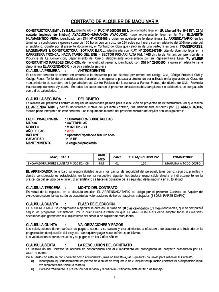 Contrato de Alquiler de Maquinaria Pesada | PDF | Póliza de seguros ...