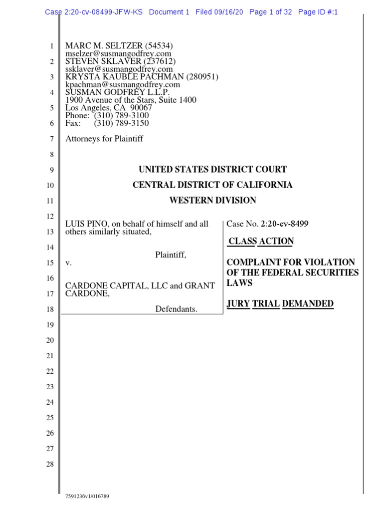 Scientologist Grant Cardone & Cardone Capital LLC Sued - Copy of Lawsuit |  PDF | Securities Act Of 1933 | Class Action