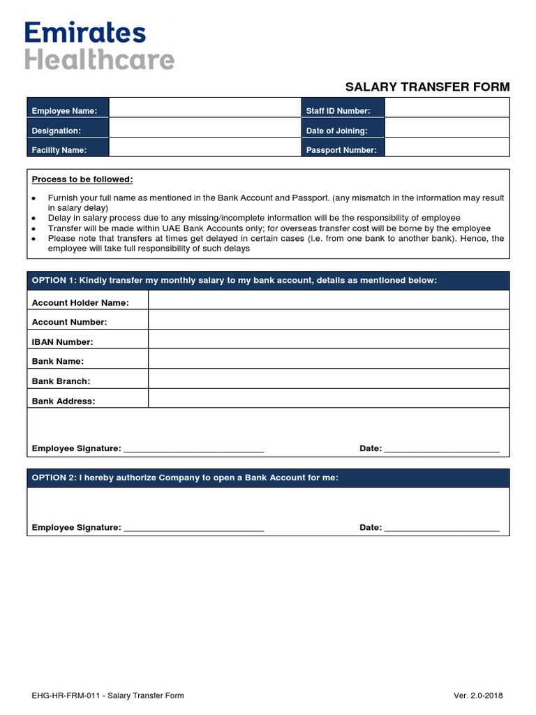 Salary Transfer Form: Employee Name: Staff ID Number: Designation: Date of  Joining: Facility Name: Passport Number | PDF