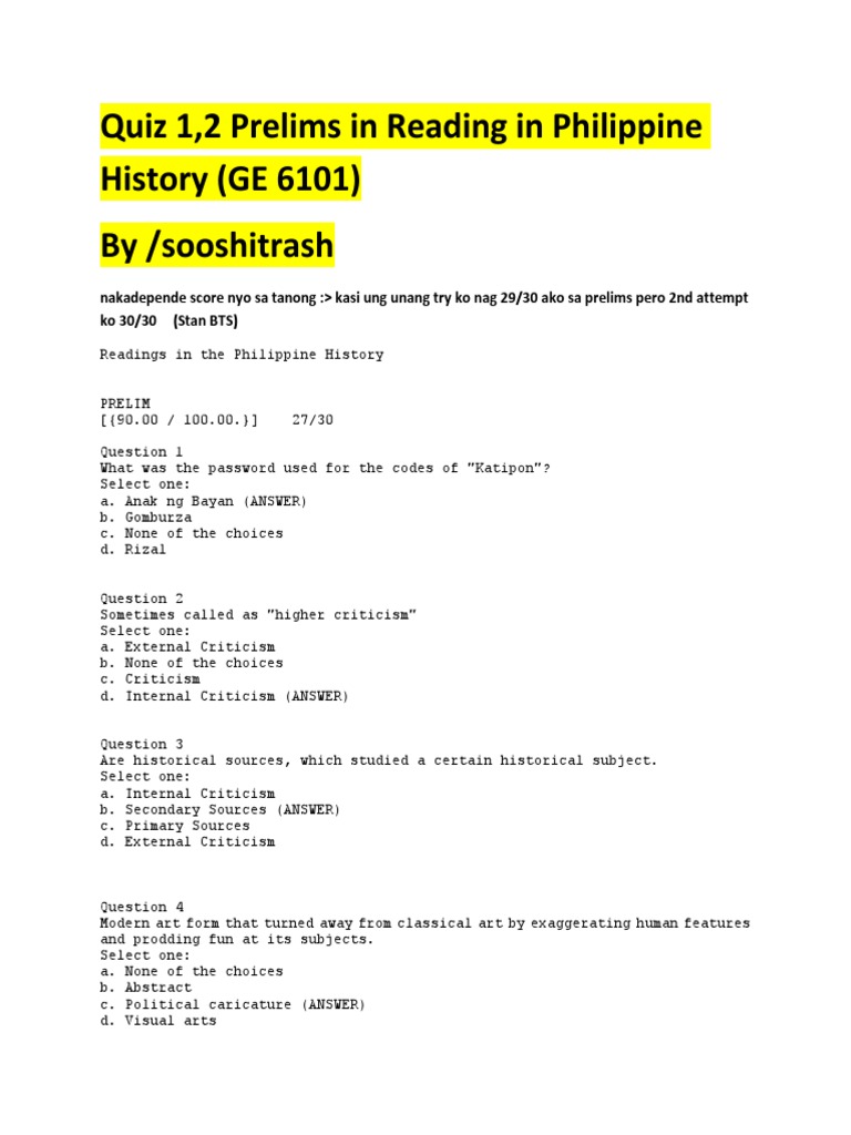 Quiz 1,2 Prelims in Reading in Philippine History (GE 6101) by