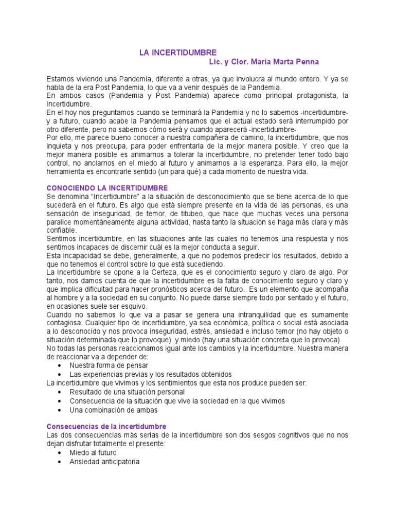 La Incertidumbre | PDF | Toma de decisiones | Ansiedad