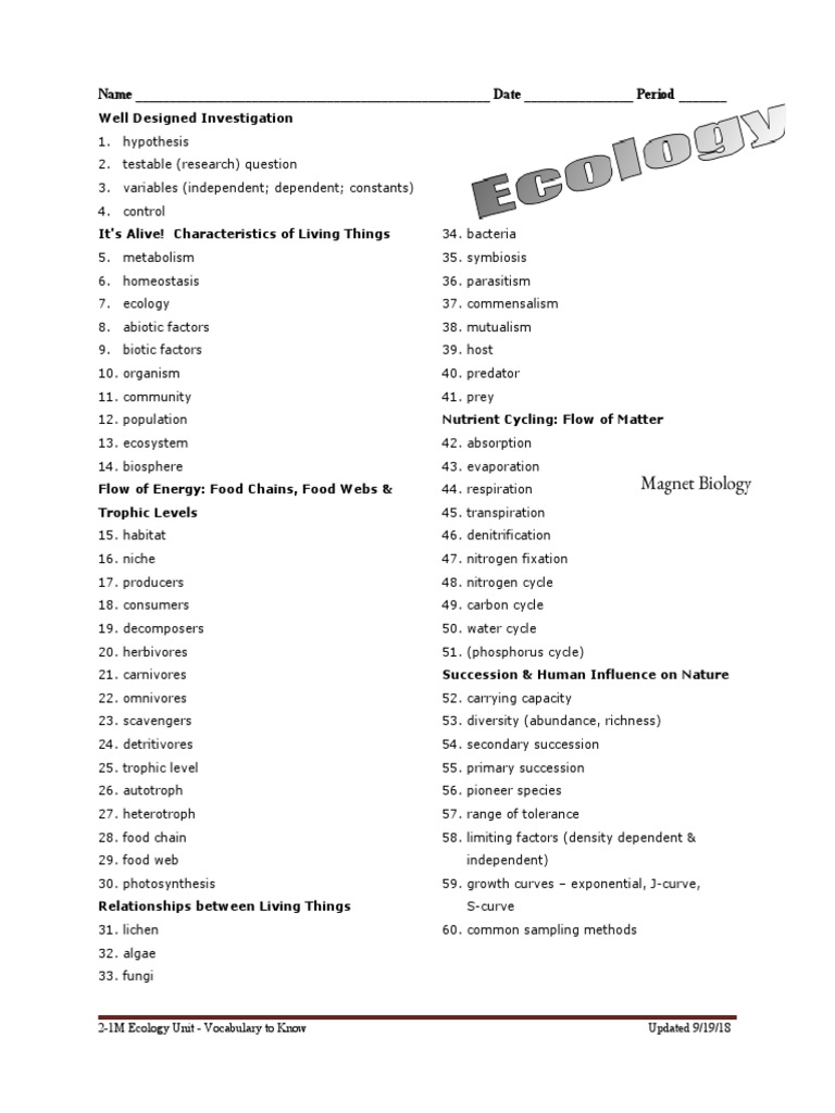 Ecology Unit Vocabulary Guide | PDF | Food Web | Ecology
