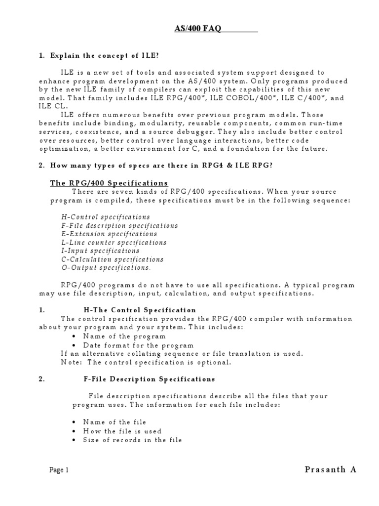 AS/400 ILE RPG Specifications Guide | PDF | Ibm Rpg | Computer Program