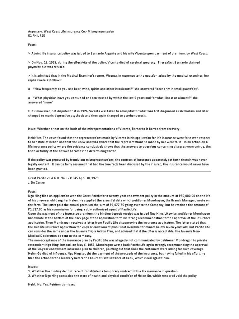 Insurance Digest Concealment PDF Insurance Life Insurance