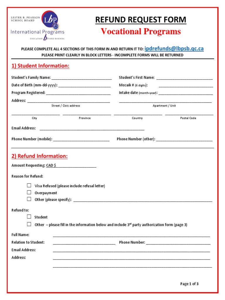 Vocational Program Refund Request Form | PDF | Cheque | Payments