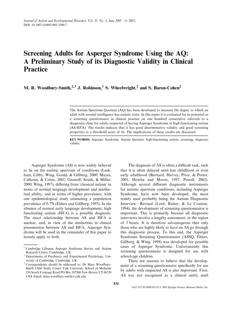 Screening Adults For Asperger Syndrome U PDF | PDF | Asperger Syndrome ...