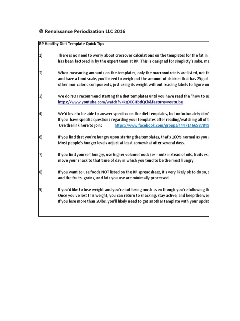 © Renaissance Periodization LLC 2016: RP Healthy Diet Template Quick ...