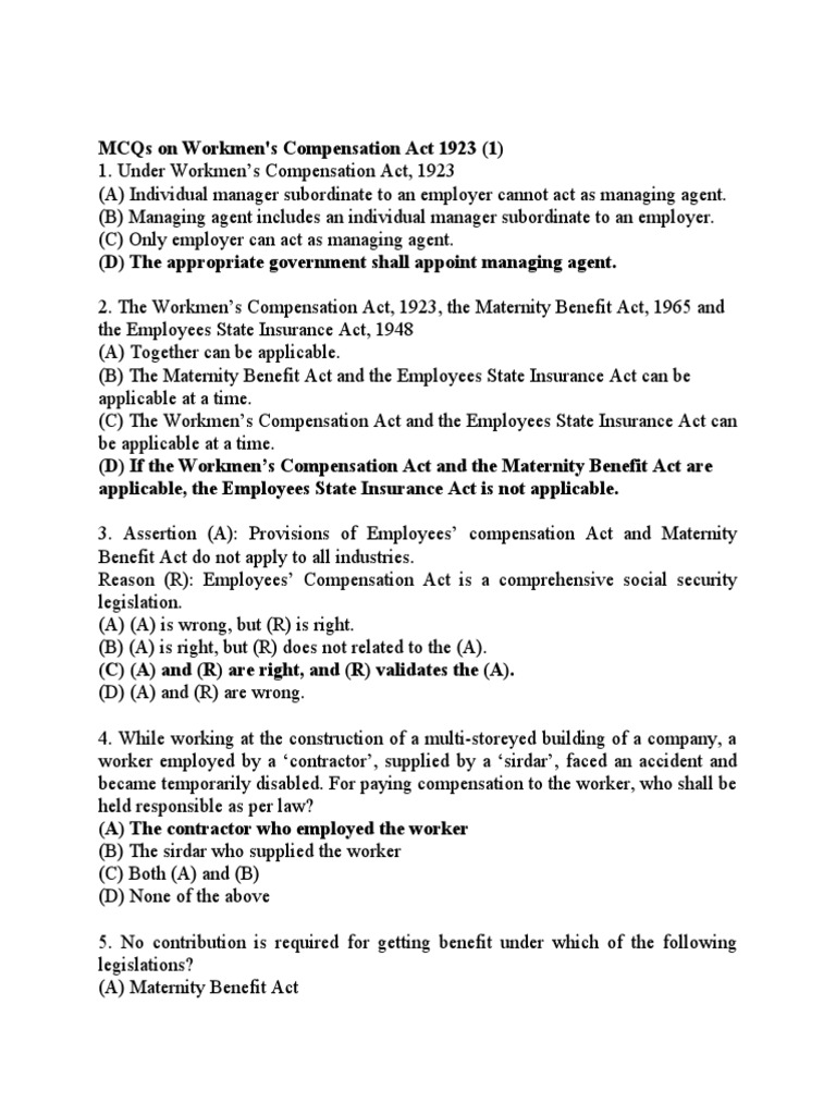 Chapter 5 C Mcqs On Workmen Compensation Act 1923 Docx Workers Compensation Employment